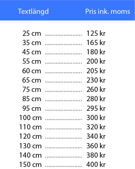 Prislista självhäftande textdekaler